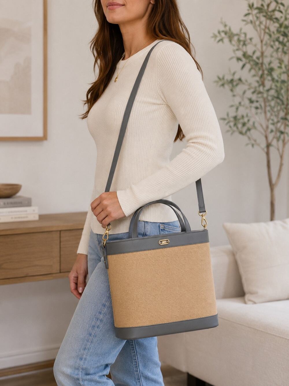 NWT Etienne Aigner Wicker Style Tote 4 Piece Set Tan Wedgewood Blue Authentic